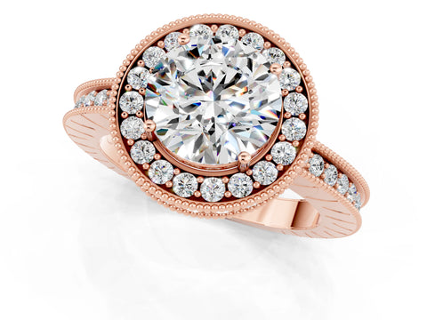 Rose gold Round Cut Halo Diamond Engagement Ring with Milgrain Pave Band and Four-Prong Setting_1