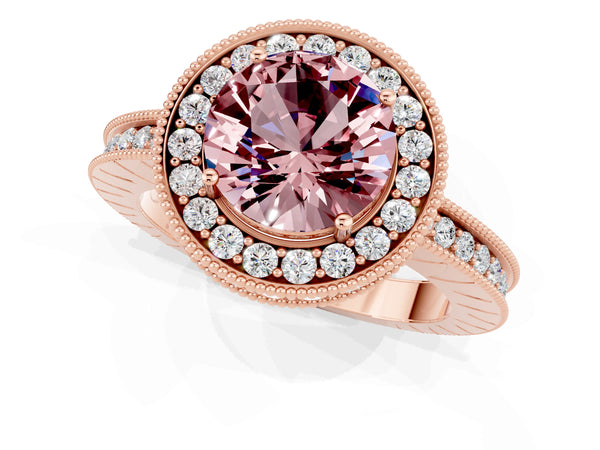 Rose gold Round Cut Halo Diamond Engagement Ring with Milgrain Pave Band and Four-Prong Setting