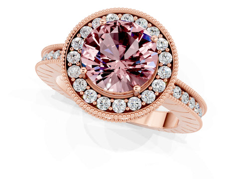 Rose gold Round Cut Halo Diamond Engagement Ring with Milgrain Pave Band and Four-Prong Setting_1