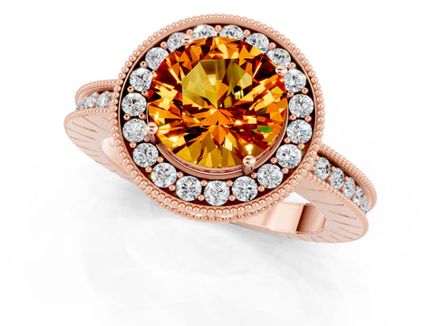 Rose gold Round Cut Halo Diamond Engagement Ring with Milgrain Pave Band and Four-Prong Setting_1