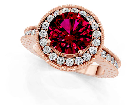Rose gold Round Cut Halo Diamond Engagement Ring with Milgrain Pave Band and Four-Prong Setting_1