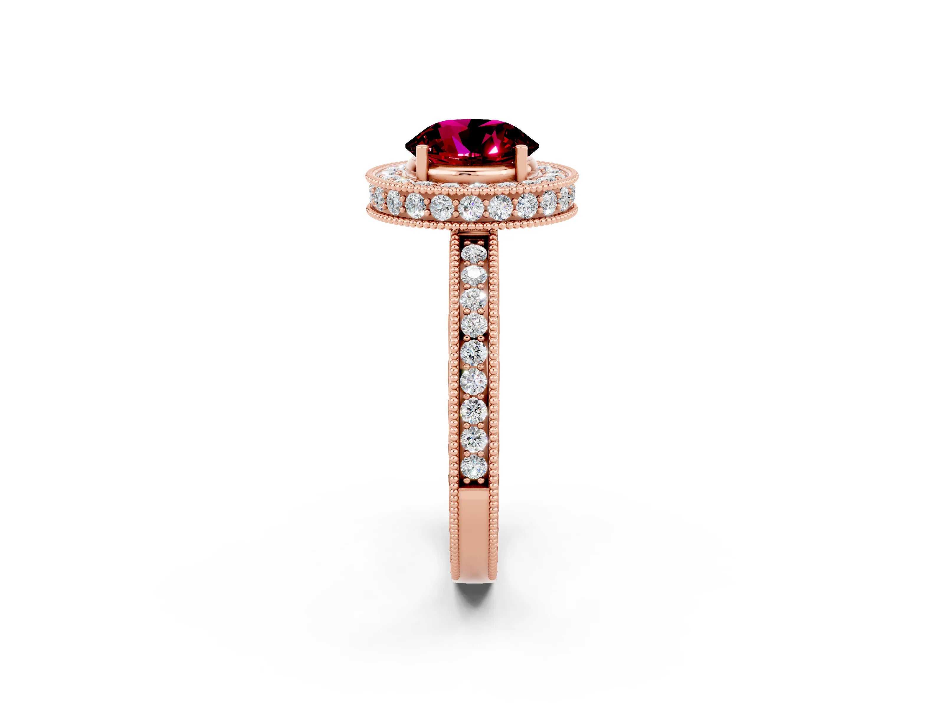 Rose gold Round Cut Halo Diamond Engagement Ring with Milgrain Pave Band and Four-Prong Setting_2