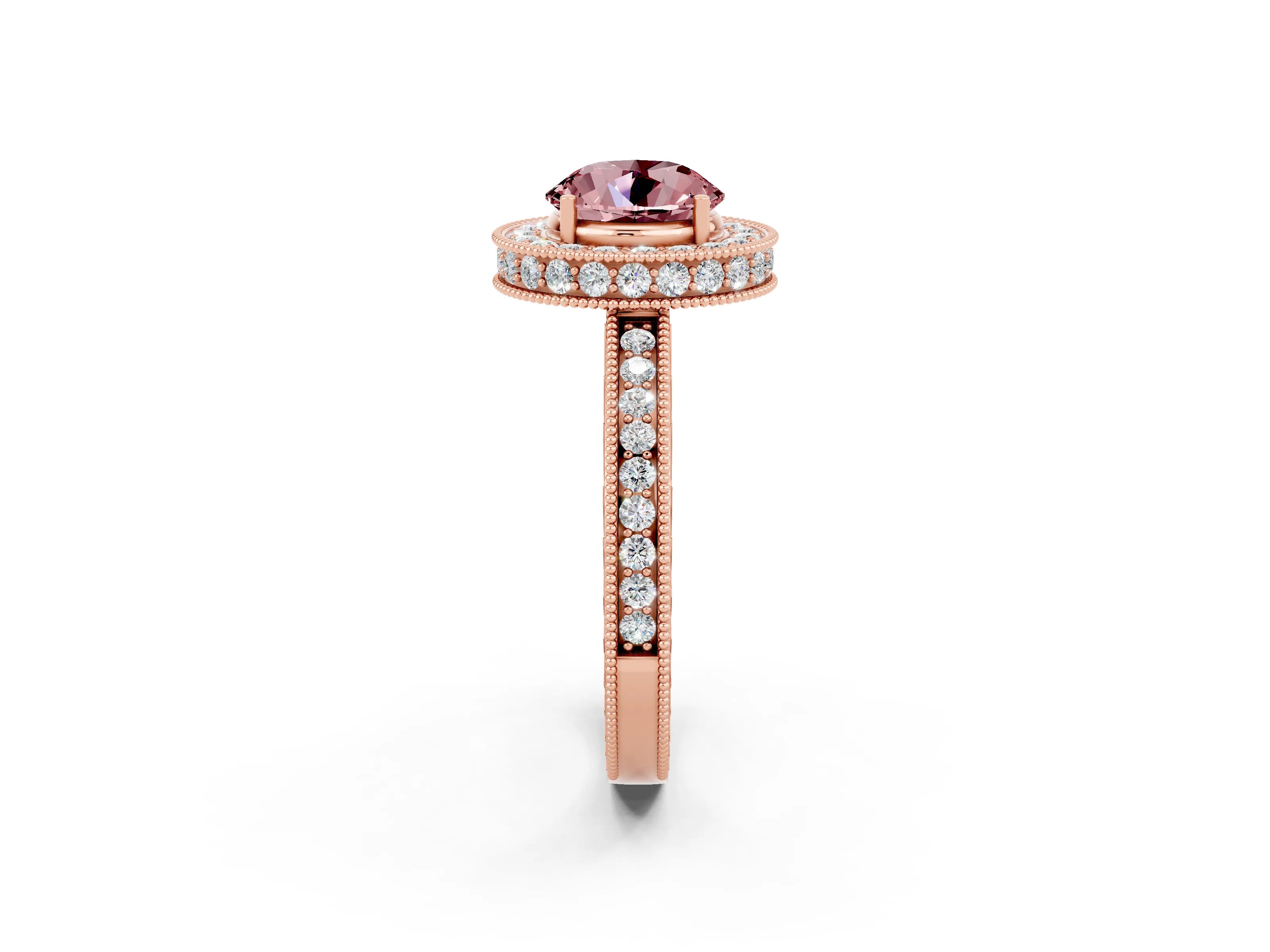 Rose gold Round Cut Halo Diamond Engagement Ring with Milgrain Pave Band and Four-Prong Setting_2