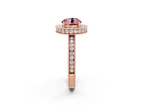 Rose gold Round Cut Halo Diamond Engagement Ring with Milgrain Pave Band and Four-Prong Setting_2
