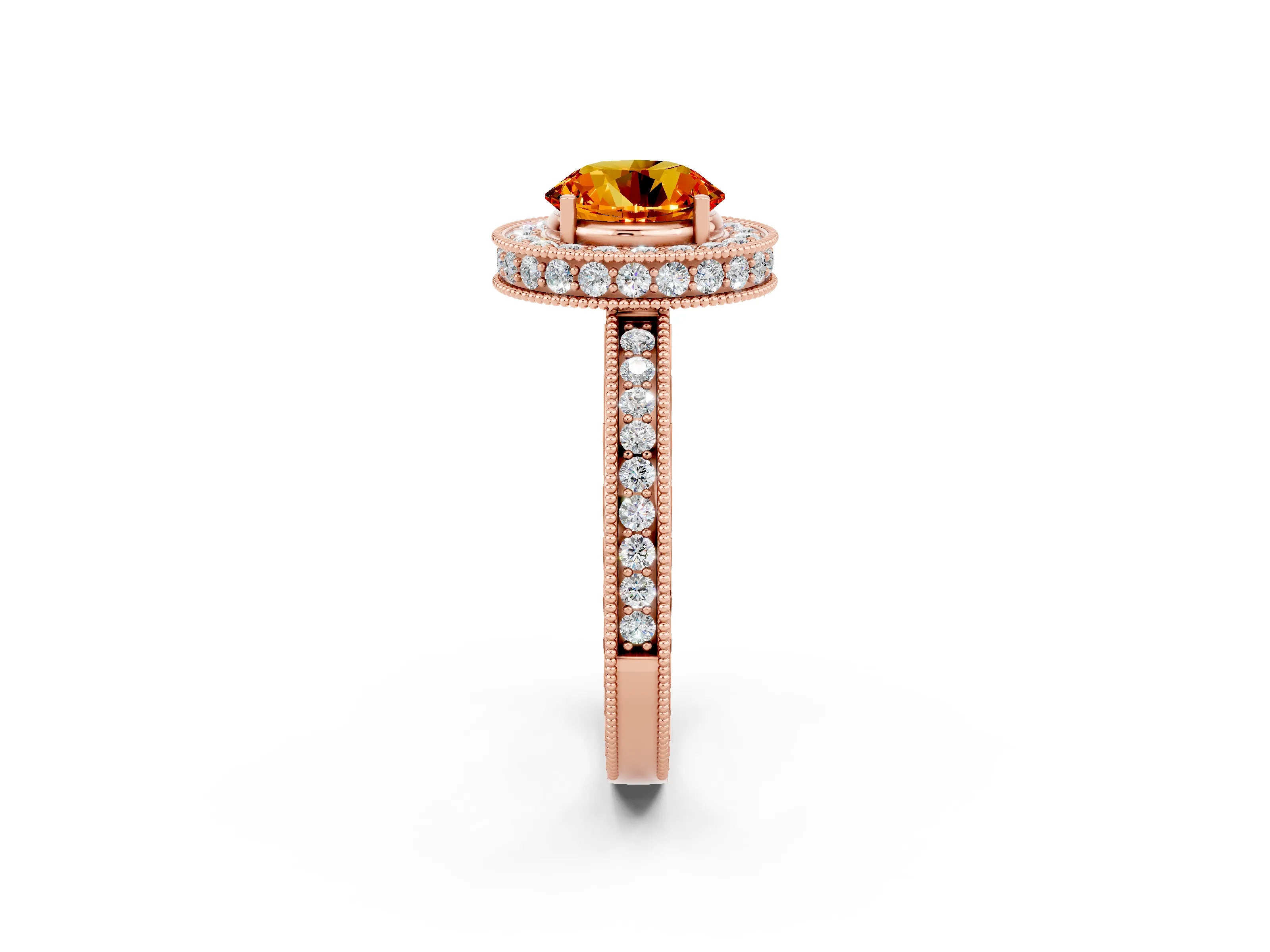 Rose gold Round Cut Halo Diamond Engagement Ring with Milgrain Pave Band and Four-Prong Setting_2