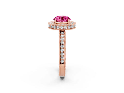 Rose gold Round Cut Halo Diamond Engagement Ring with Milgrain Pave Band and Four-Prong Setting_2