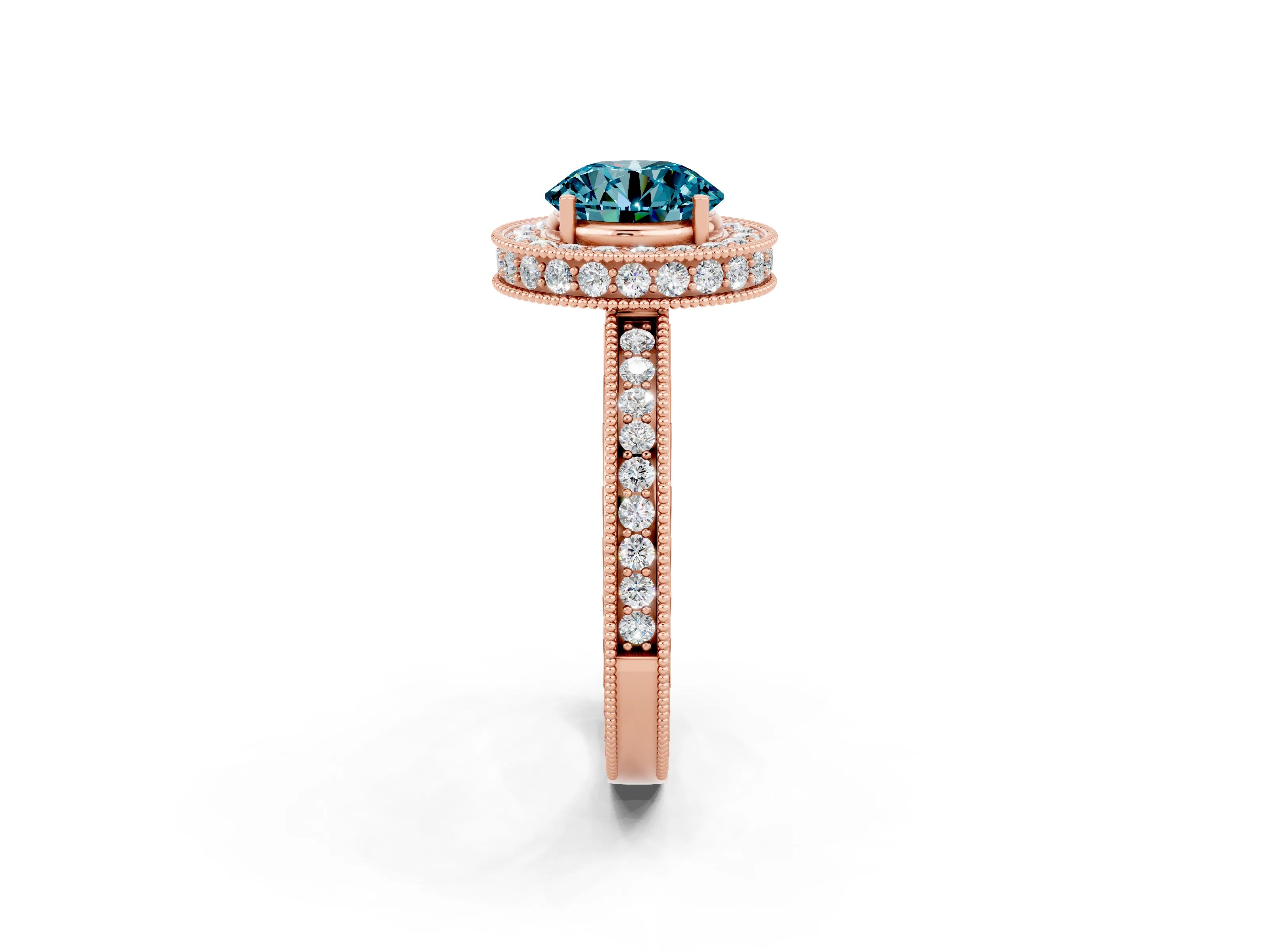 Rose gold Round Cut Halo Diamond Engagement Ring with Milgrain Pave Band and Four-Prong Setting_2