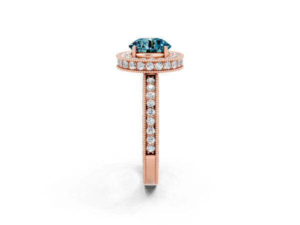 Rose gold Round Cut Halo Diamond Engagement Ring with Milgrain Pave Band and Four-Prong Setting