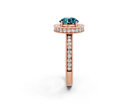 Rose gold Round Cut Halo Diamond Engagement Ring with Milgrain Pave Band and Four-Prong Setting_2