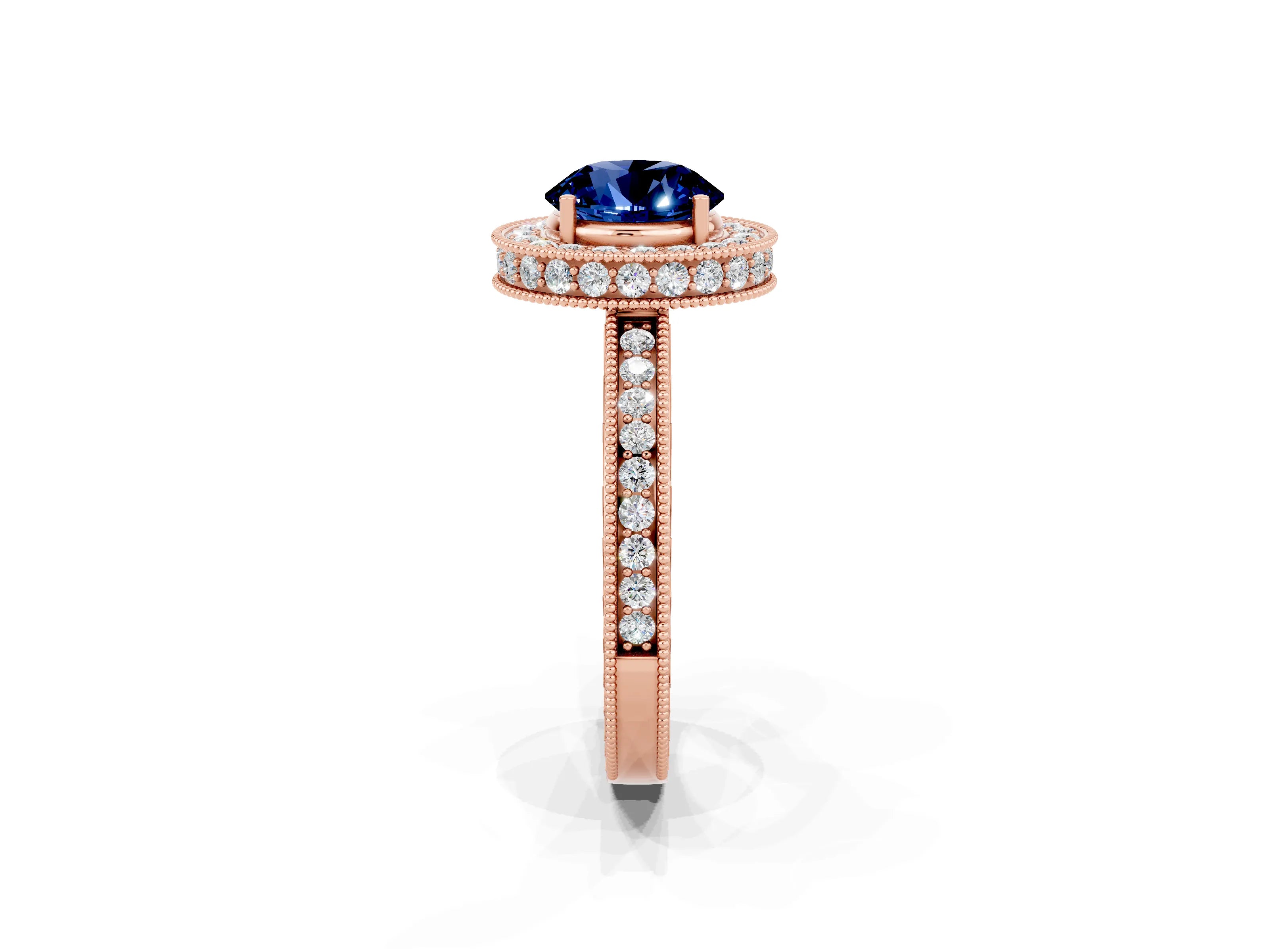 Rose gold Round Cut Halo Diamond Engagement Ring with Milgrain Pave Band and Four-Prong Setting_2