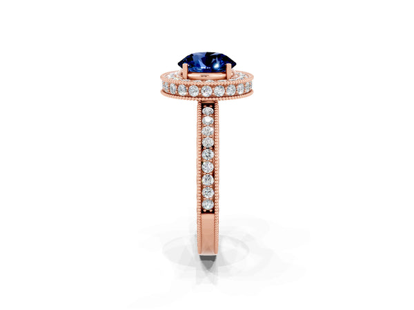 Rose gold Round Cut Halo Diamond Engagement Ring with Milgrain Pave Band and Four-Prong Setting