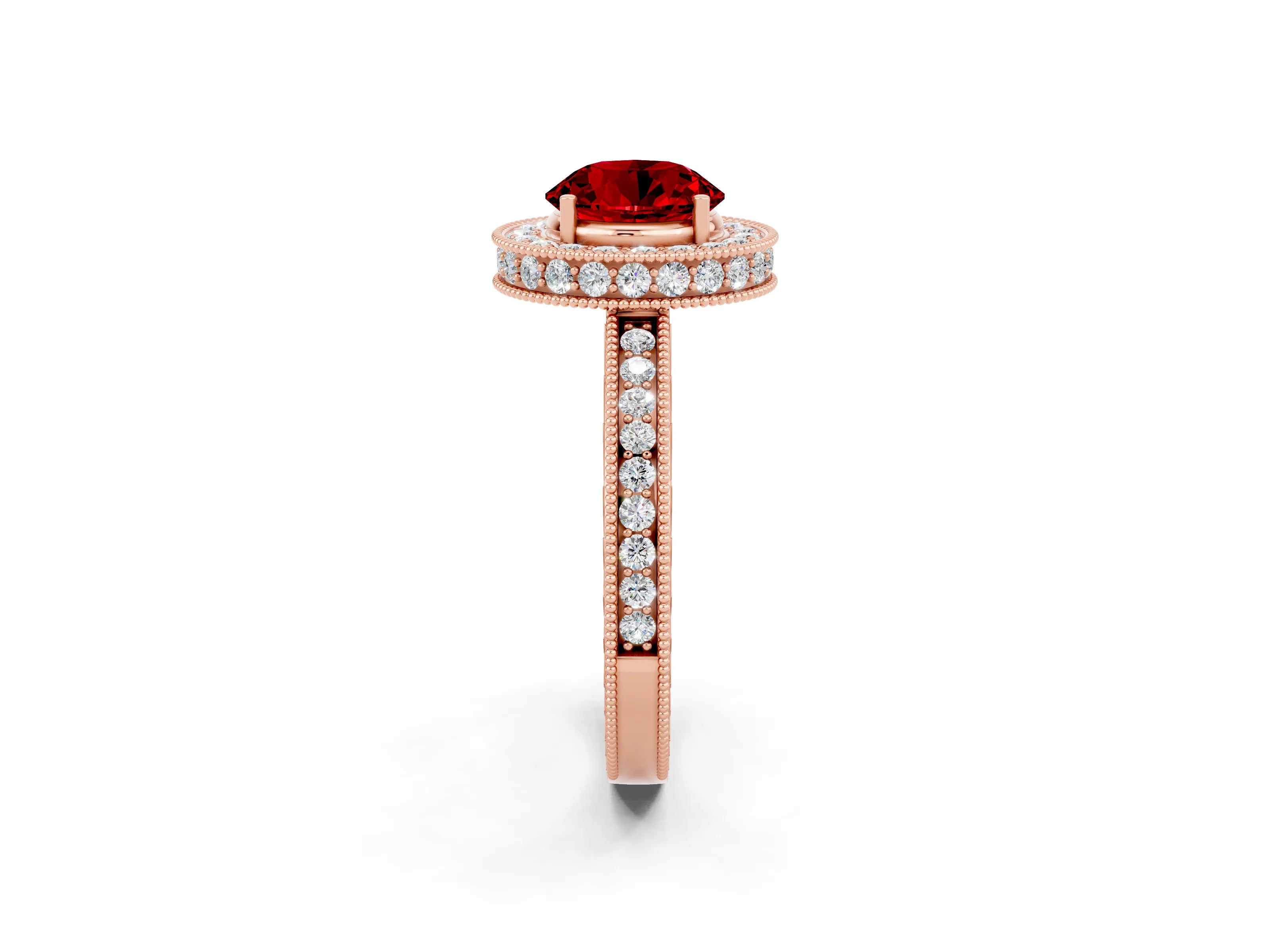 Rose gold Round Cut Halo Diamond Engagement Ring with Milgrain Pave Band and Four-Prong Setting_2