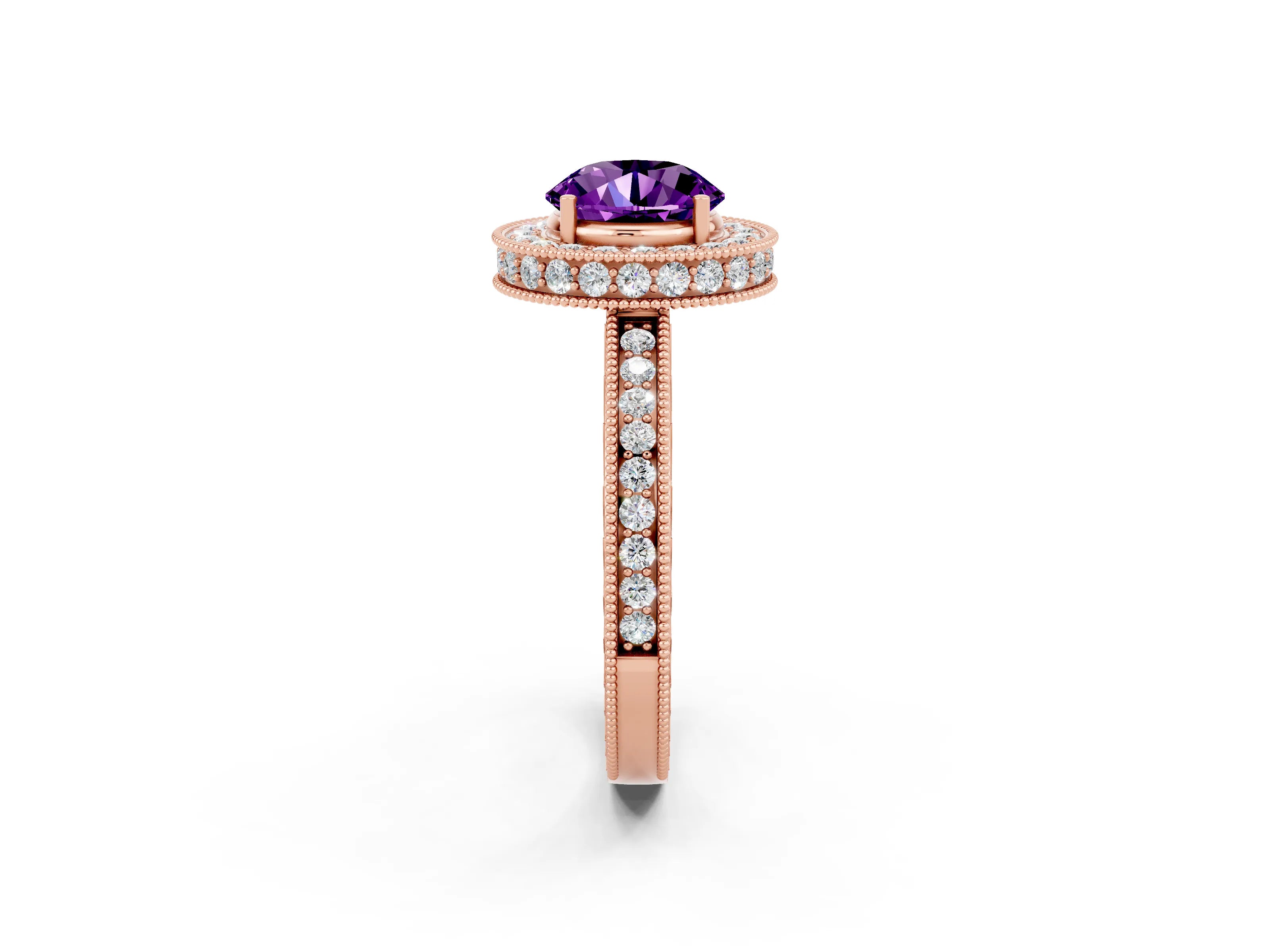 Rose gold Round Cut Halo Diamond Engagement Ring with Milgrain Pave Band and Four-Prong Setting_2
