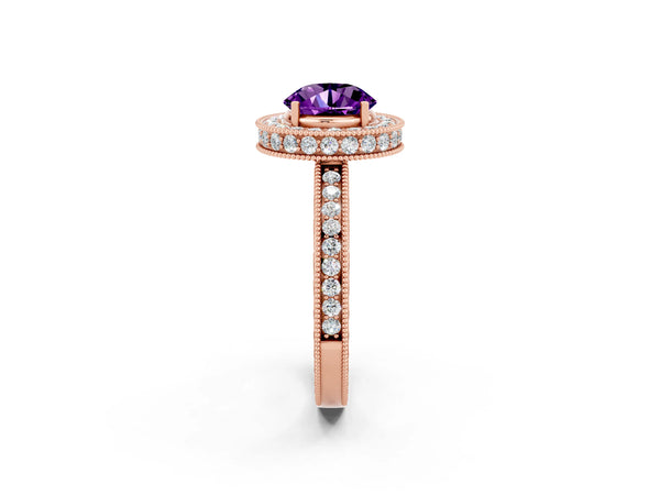 Rose gold Round Cut Amethyst Milgrain Halo Engagement Ring with Round Pavé Band and Prong Setting