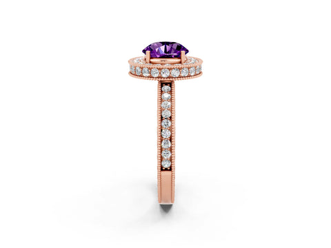 Rose gold Round Cut Halo Diamond Engagement Ring with Milgrain Pave Band and Four-Prong Setting_2