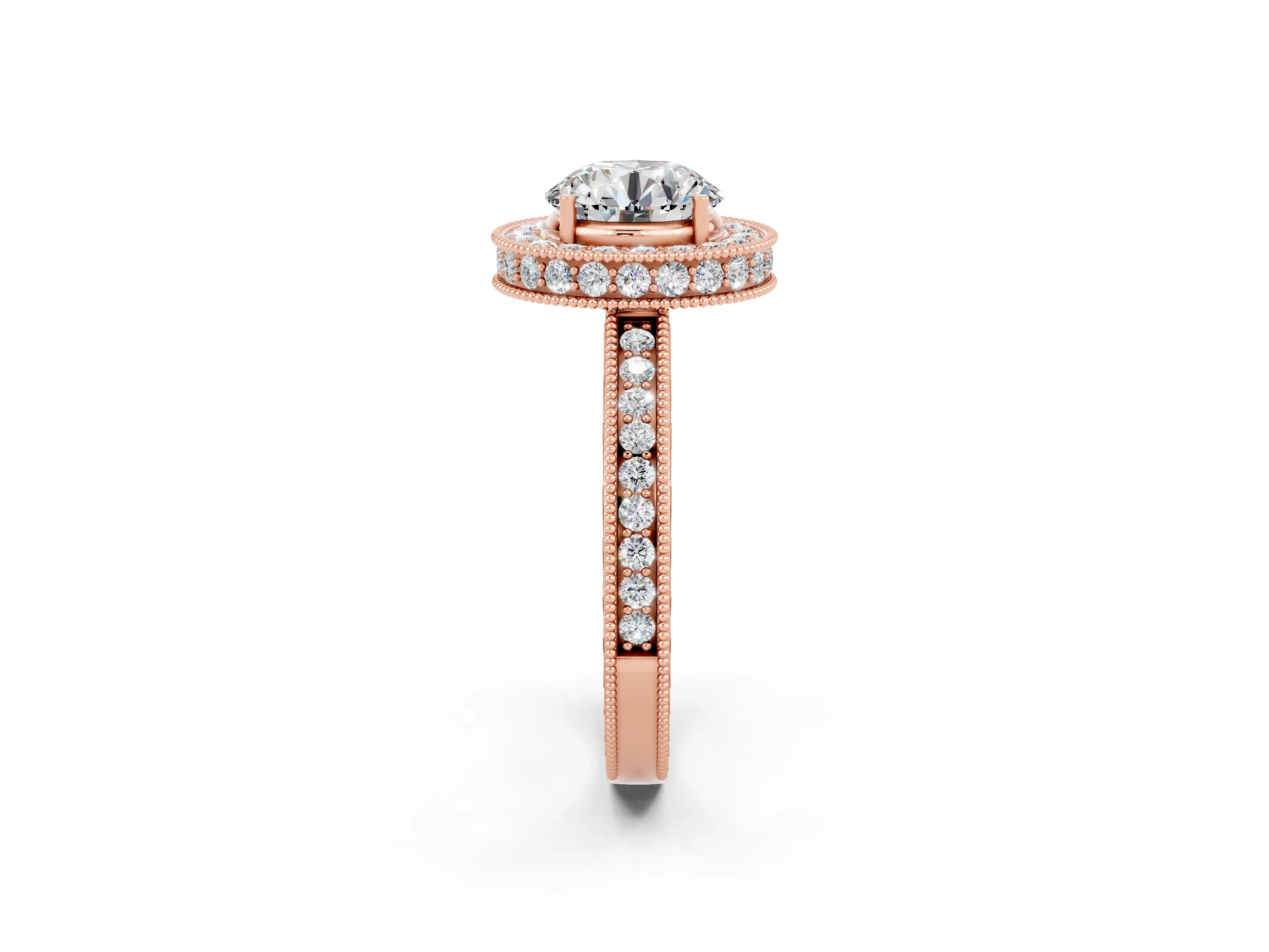 Rose gold Round Cut Halo Diamond Engagement Ring with Milgrain Pave Band and Four-Prong Setting_2