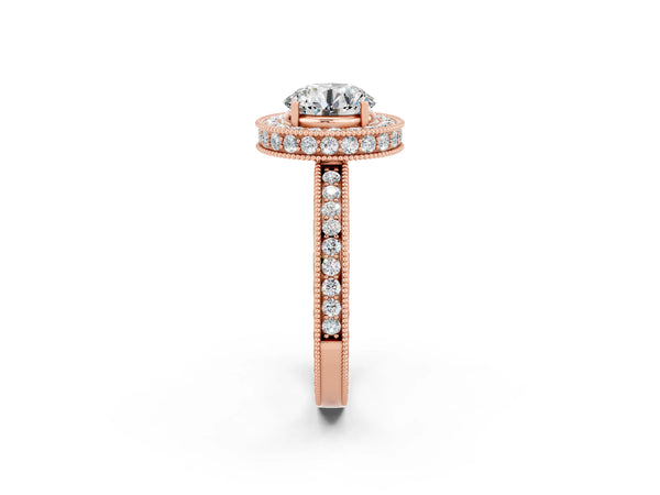 Rose gold Round Cut Halo Diamond Engagement Ring with Milgrain Pave Band and Four-Prong Setting