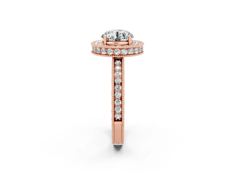 Rose gold Round Cut Halo Diamond Engagement Ring with Milgrain Pave Band and Four-Prong Setting_2