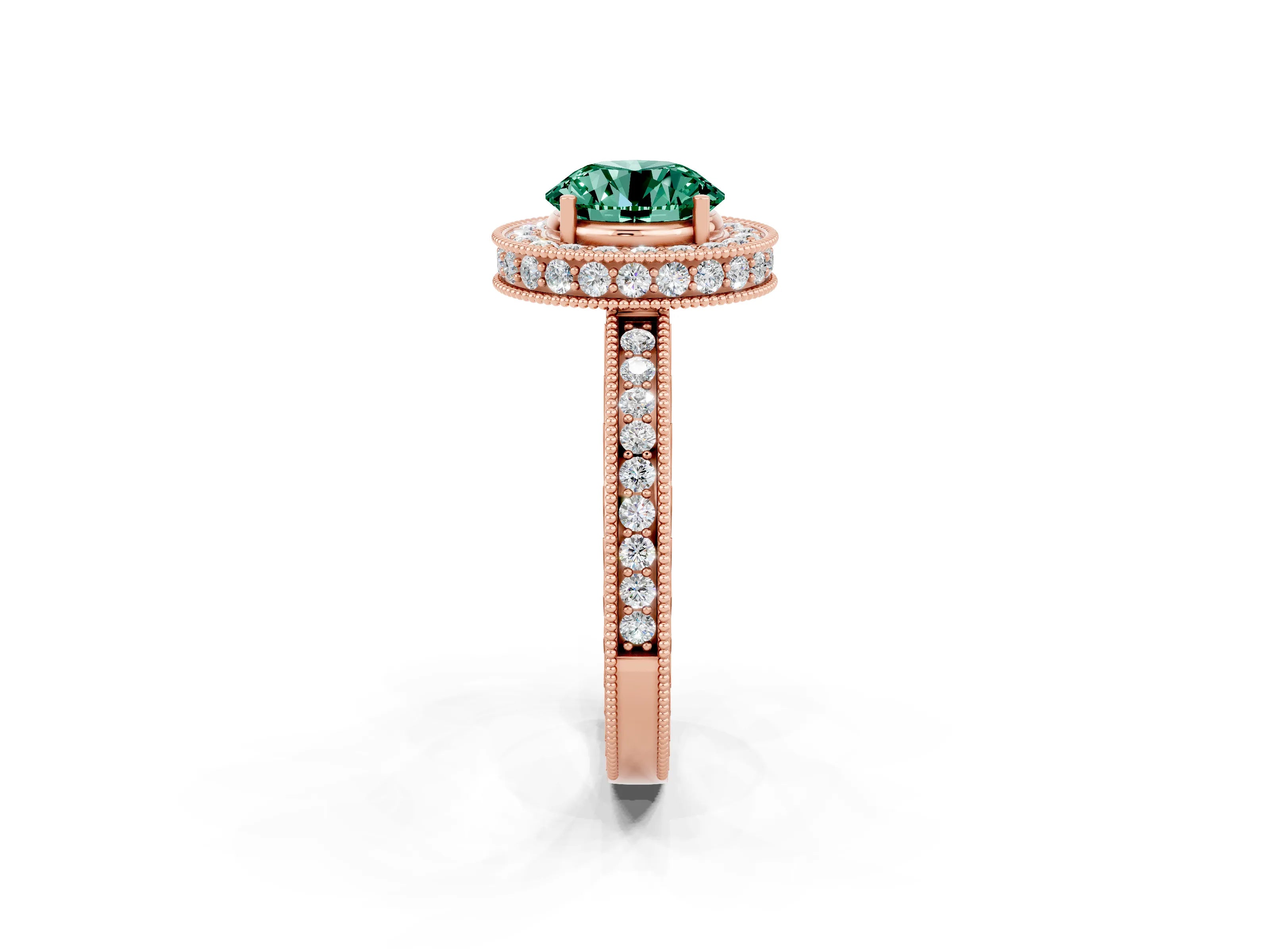 Rose gold Round Cut Halo Diamond Engagement Ring with Milgrain Pave Band and Four-Prong Setting_2