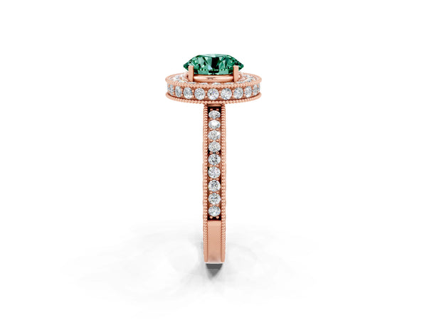 Rose gold Round Cut Green Sapphire Milgrain Halo Engagement Ring with Round Pavé Band and Prong Setting