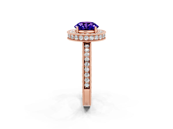 Rose gold Round Cut Halo Diamond Engagement Ring with Milgrain Pave Band and Four-Prong Setting
