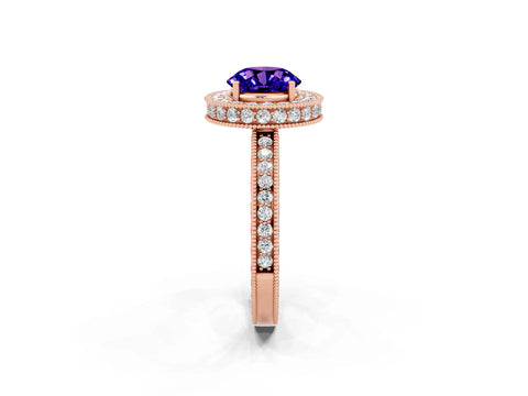 Rose gold Round Cut Halo Diamond Engagement Ring with Milgrain Pave Band and Four-Prong Setting_2