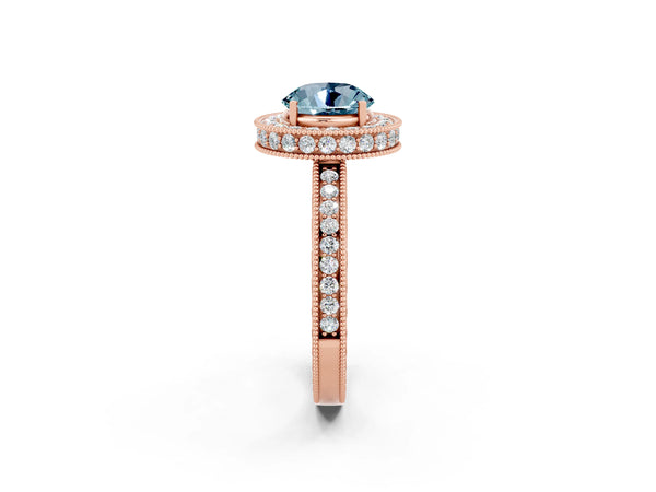Rose gold Round Cut Halo Diamond Engagement Ring with Milgrain Pave Band and Four-Prong Setting
