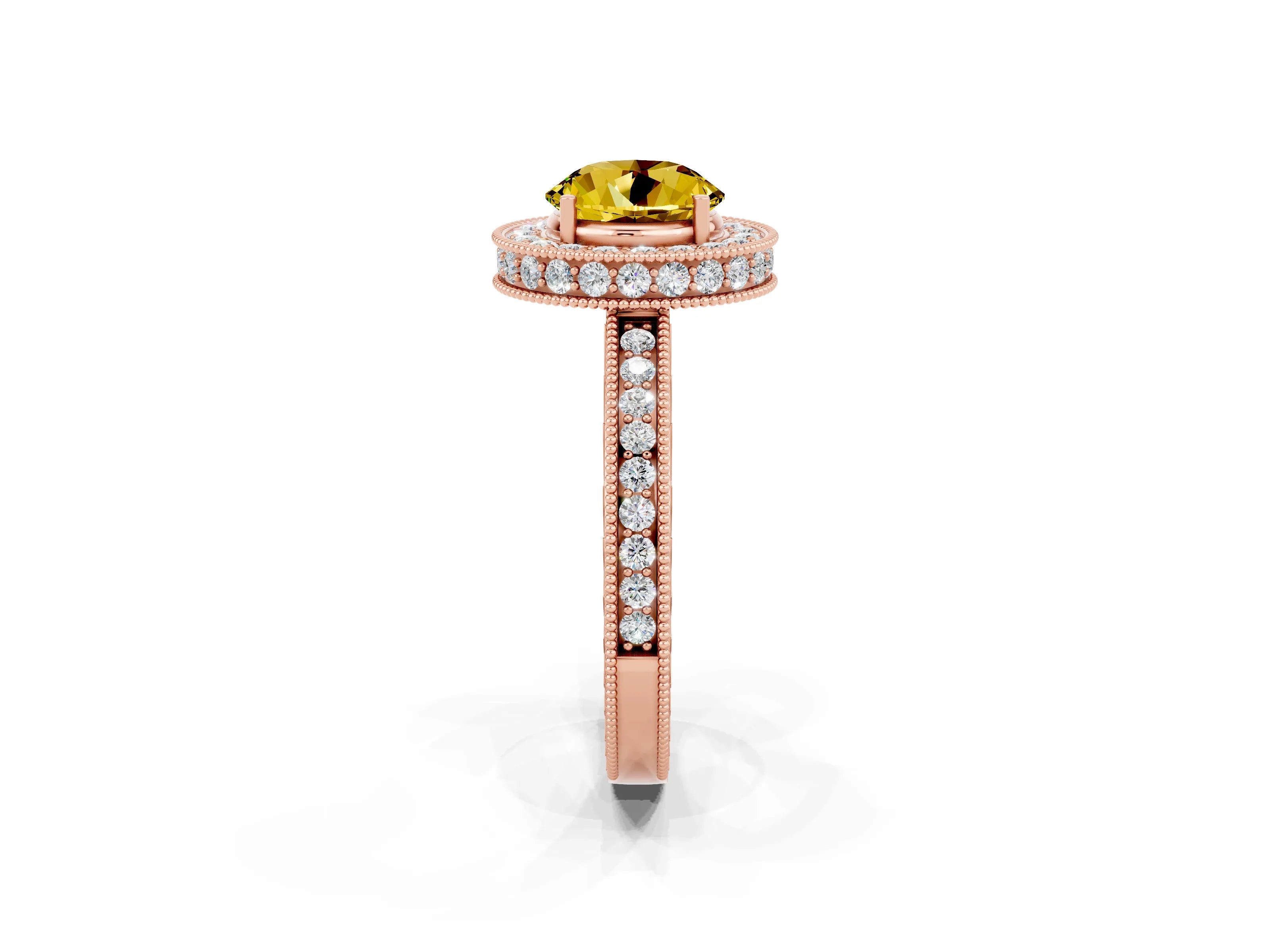 Rose gold Round Cut Halo Diamond Engagement Ring with Milgrain Pave Band and Four-Prong Setting_2