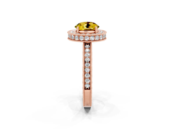 Rose gold Round Cut Halo Diamond Engagement Ring with Milgrain Pave Band and Four-Prong Setting