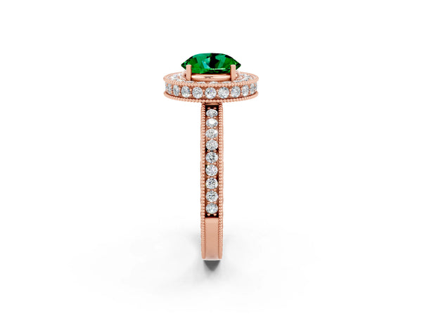 Rose gold Round Cut Halo Diamond Engagement Ring with Milgrain Pave Band and Four-Prong Setting