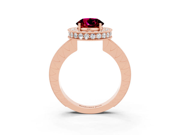 Rose gold Round Cut Halo Diamond Engagement Ring with Milgrain Pave Band and Four-Prong Setting