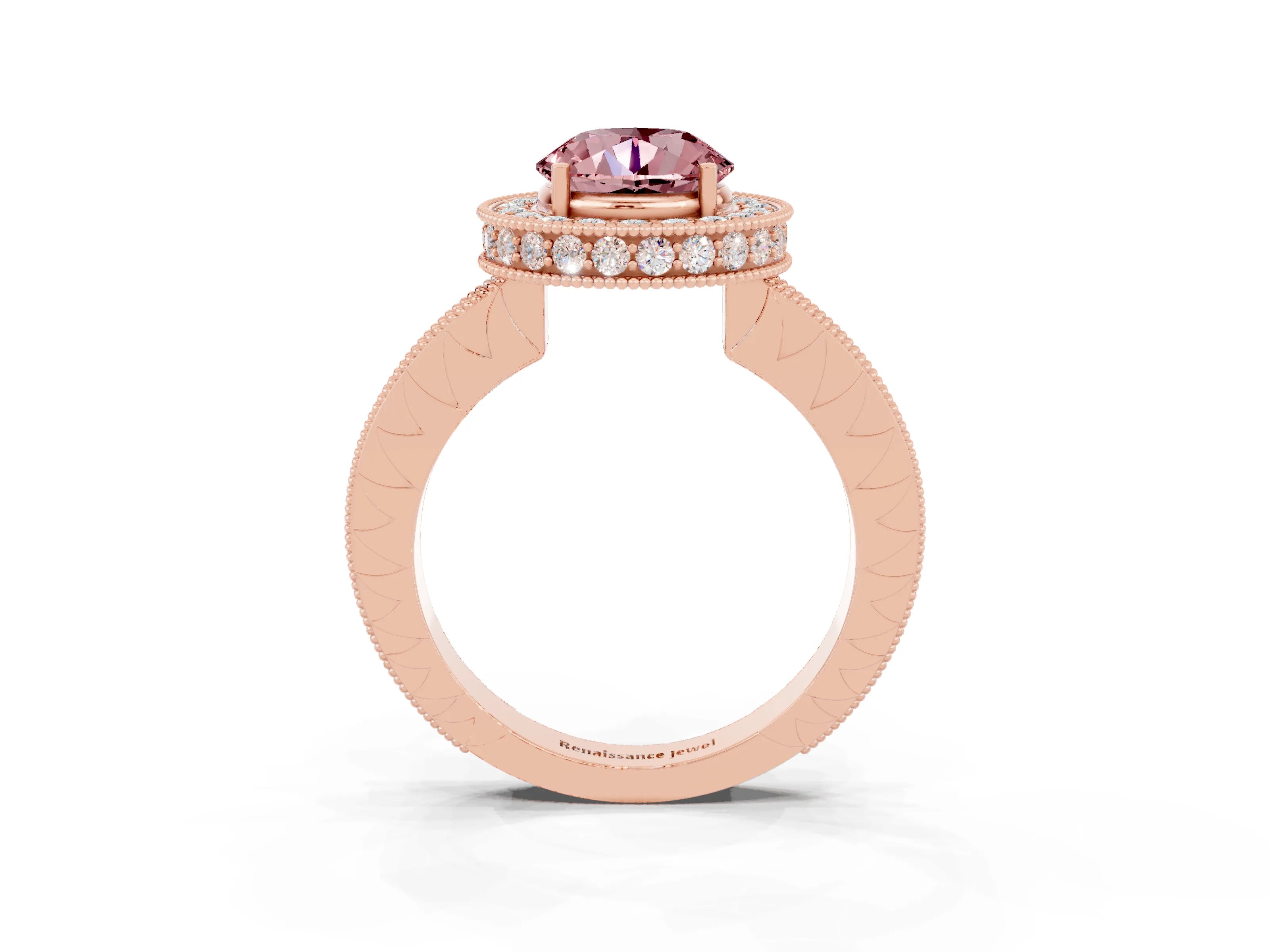 Rose gold Round Cut Halo Diamond Engagement Ring with Milgrain Pave Band and Four-Prong Setting_3