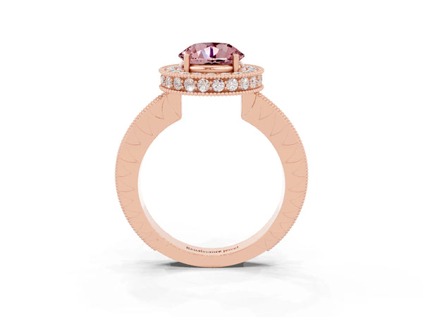 Rose gold Round Cut Halo Diamond Engagement Ring with Milgrain Pave Band and Four-Prong Setting