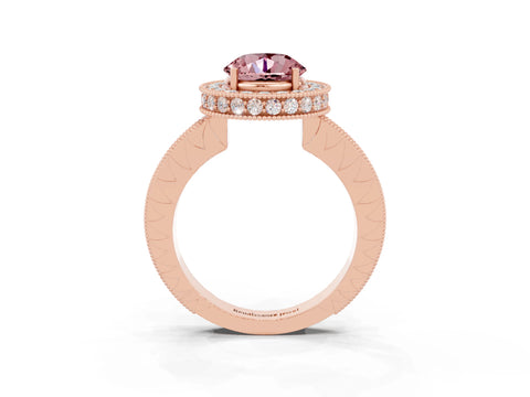 Rose gold Round Cut Halo Diamond Engagement Ring with Milgrain Pave Band and Four-Prong Setting_3