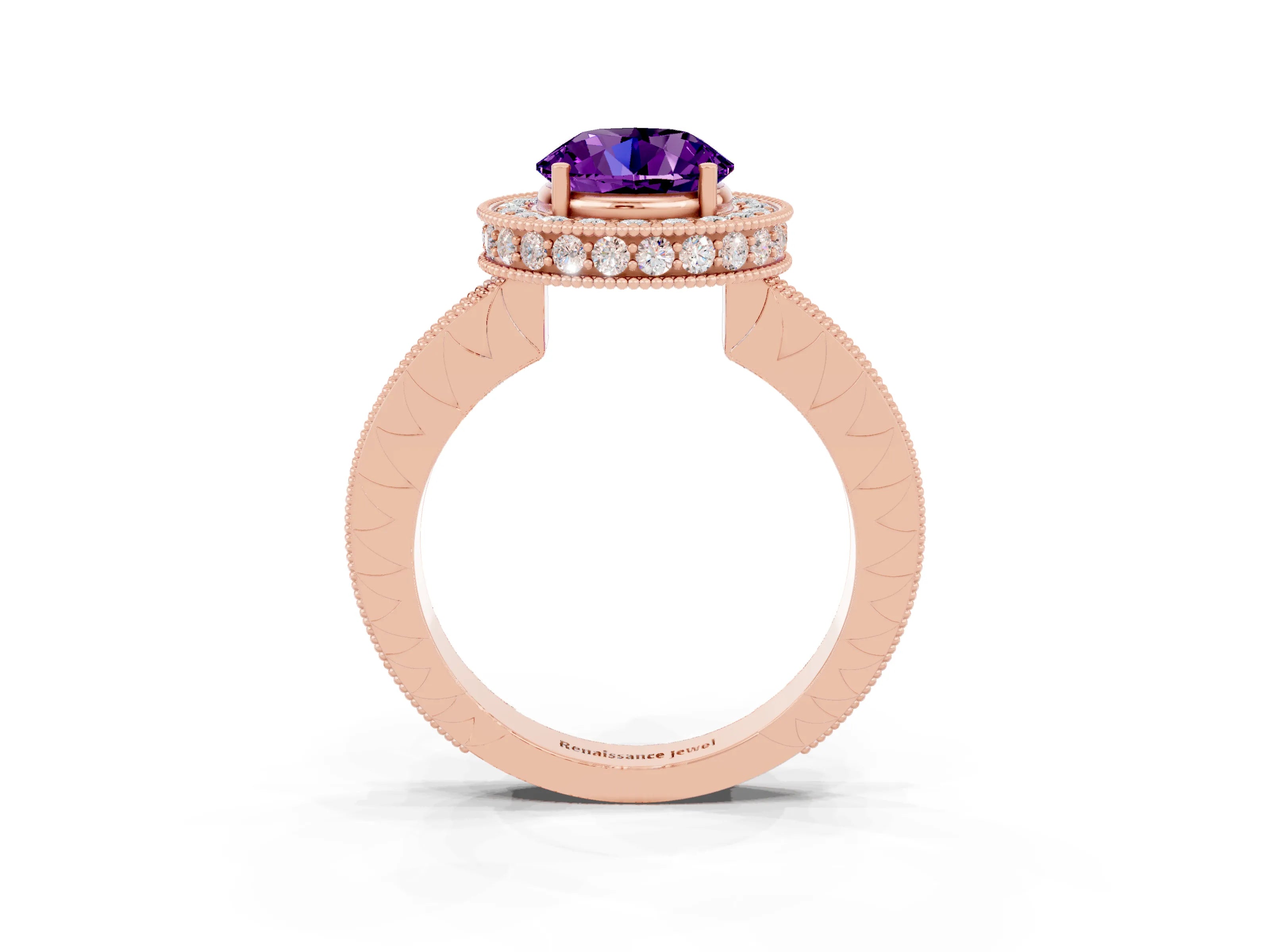 Rose gold Round Cut Halo Diamond Engagement Ring with Milgrain Pave Band and Four-Prong Setting_3
