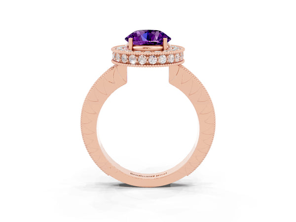 Rose gold Round Cut Amethyst Milgrain Halo Engagement Ring with Round Pavé Band and Prong Setting