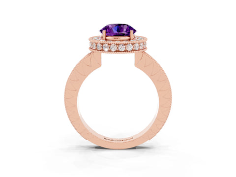Rose gold Round Cut Halo Diamond Engagement Ring with Milgrain Pave Band and Four-Prong Setting_3