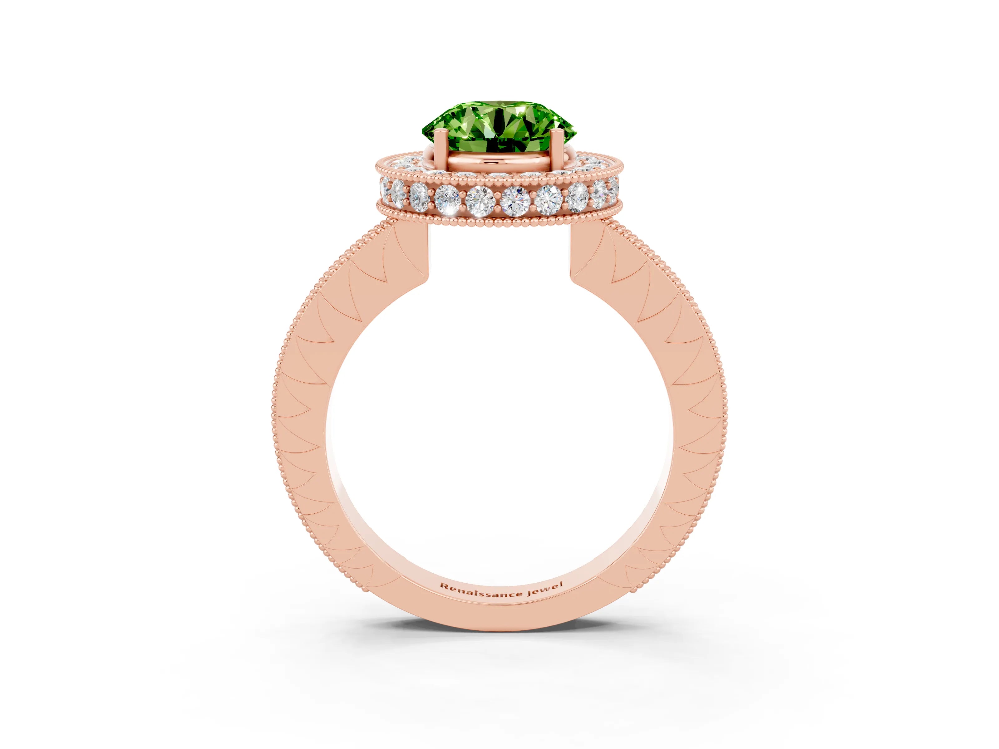 Rose gold Round Cut Halo Diamond Engagement Ring with Milgrain Pave Band and Four-Prong Setting_3