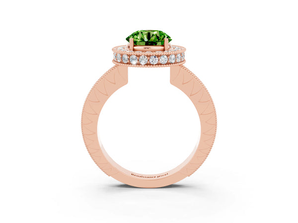 Rose gold Round Cut Halo Diamond Engagement Ring with Milgrain Pave Band and Four-Prong Setting