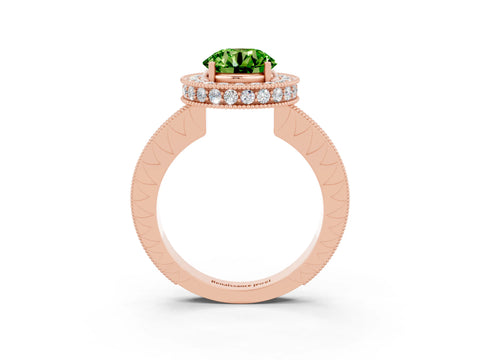 Rose gold Round Cut Halo Diamond Engagement Ring with Milgrain Pave Band and Four-Prong Setting_3