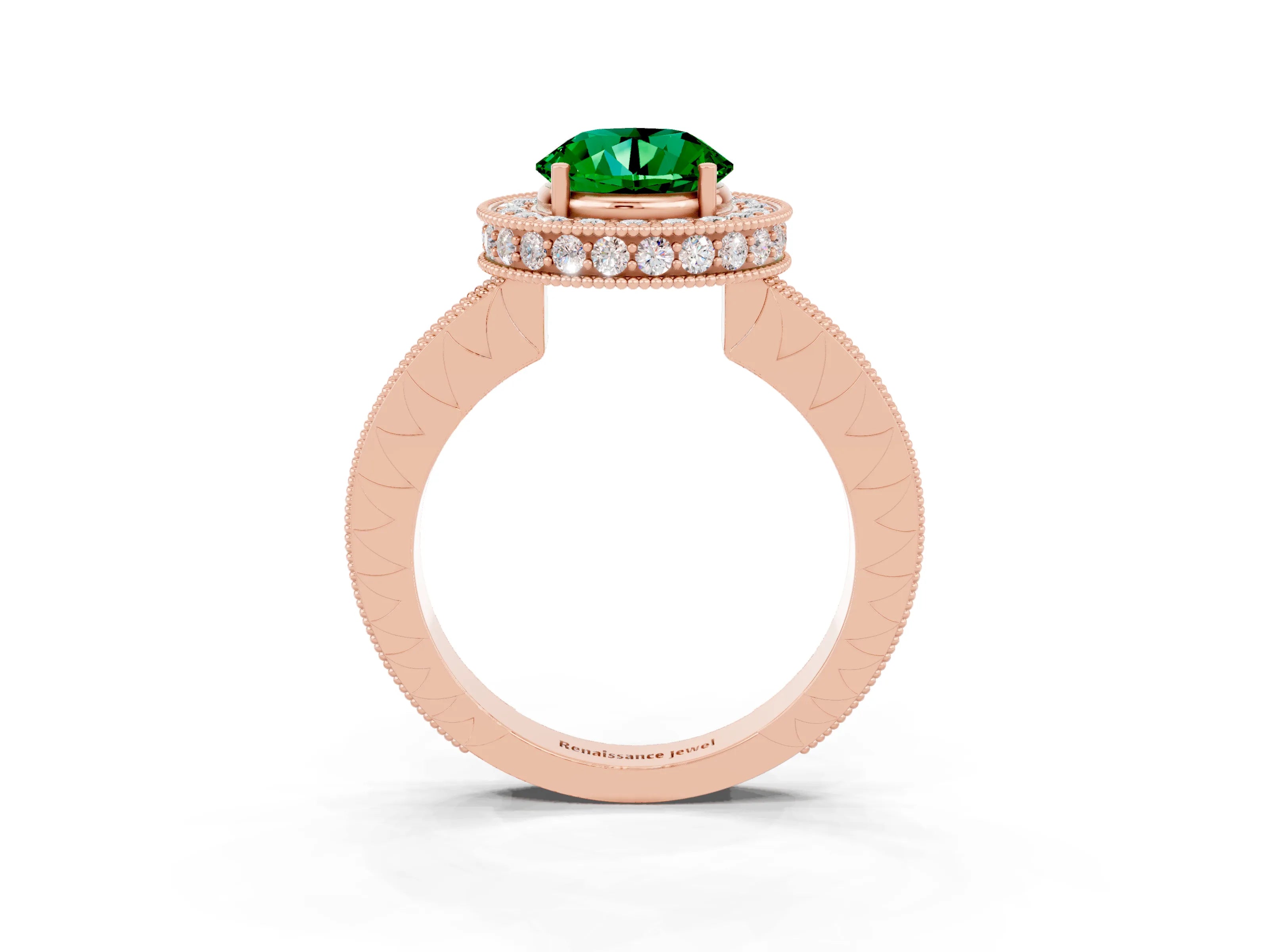Rose gold Round Cut Halo Diamond Engagement Ring with Milgrain Pave Band and Four-Prong Setting_3