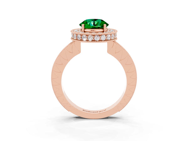 Rose gold Round Cut Halo Diamond Engagement Ring with Milgrain Pave Band and Four-Prong Setting