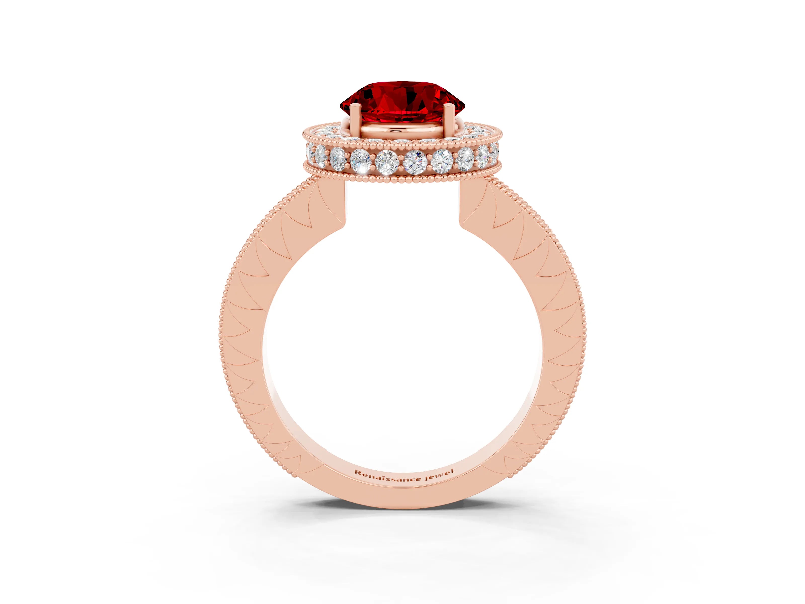 Rose gold Round Cut Halo Diamond Engagement Ring with Milgrain Pave Band and Four-Prong Setting_3