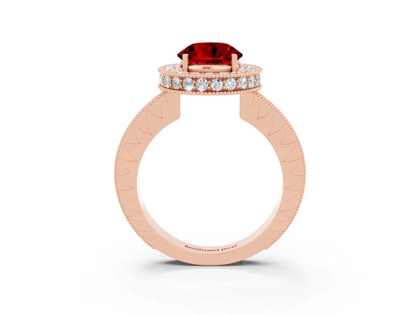 Rose gold Round Cut Halo Diamond Engagement Ring with Milgrain Pave Band and Four-Prong Setting