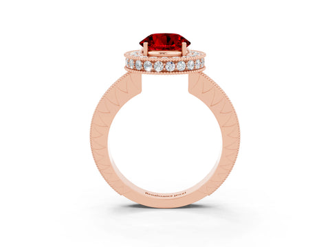 Rose gold Round Cut Halo Diamond Engagement Ring with Milgrain Pave Band and Four-Prong Setting_3