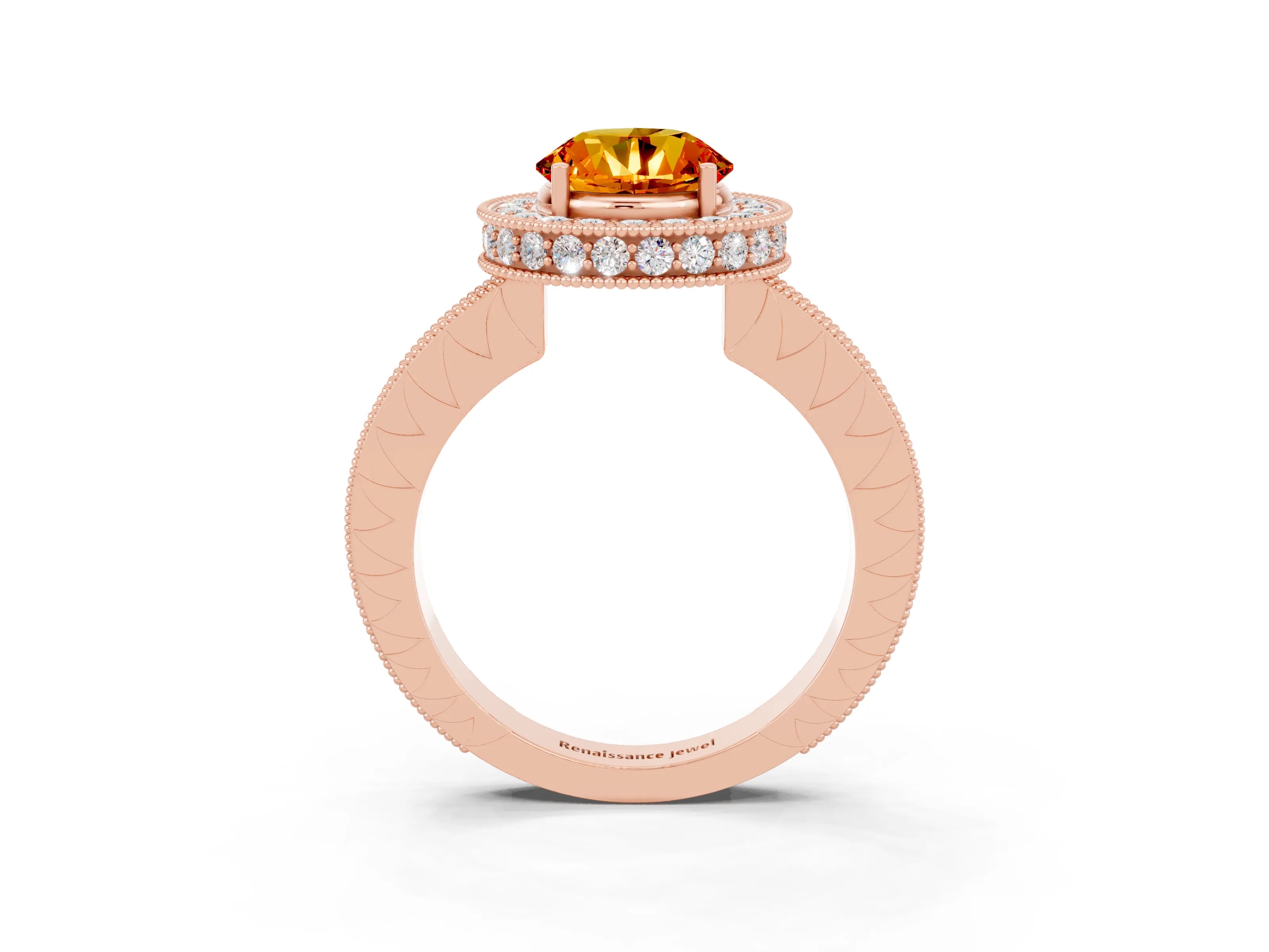 Rose gold Round Cut Halo Diamond Engagement Ring with Milgrain Pave Band and Four-Prong Setting_3
