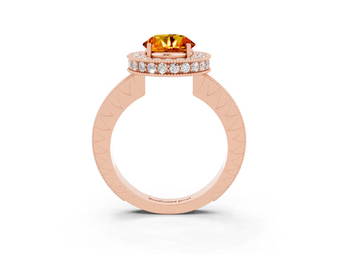 Rose gold Round Cut Halo Diamond Engagement Ring with Milgrain Pave Band and Four-Prong Setting_3