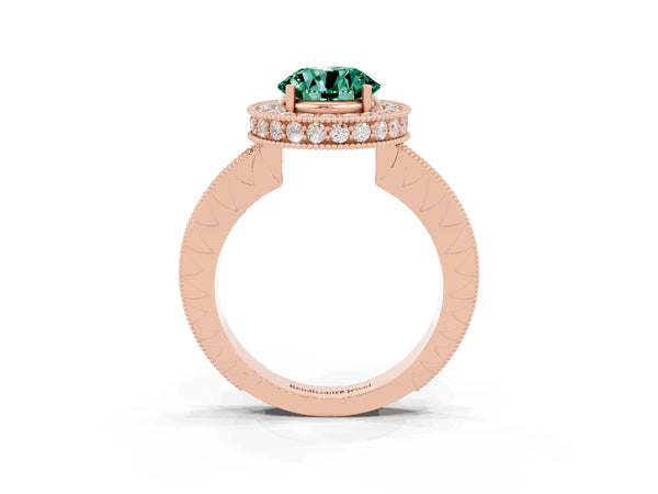Rose gold Round Cut Green Sapphire Milgrain Halo Engagement Ring with Round Pavé Band and Prong Setting