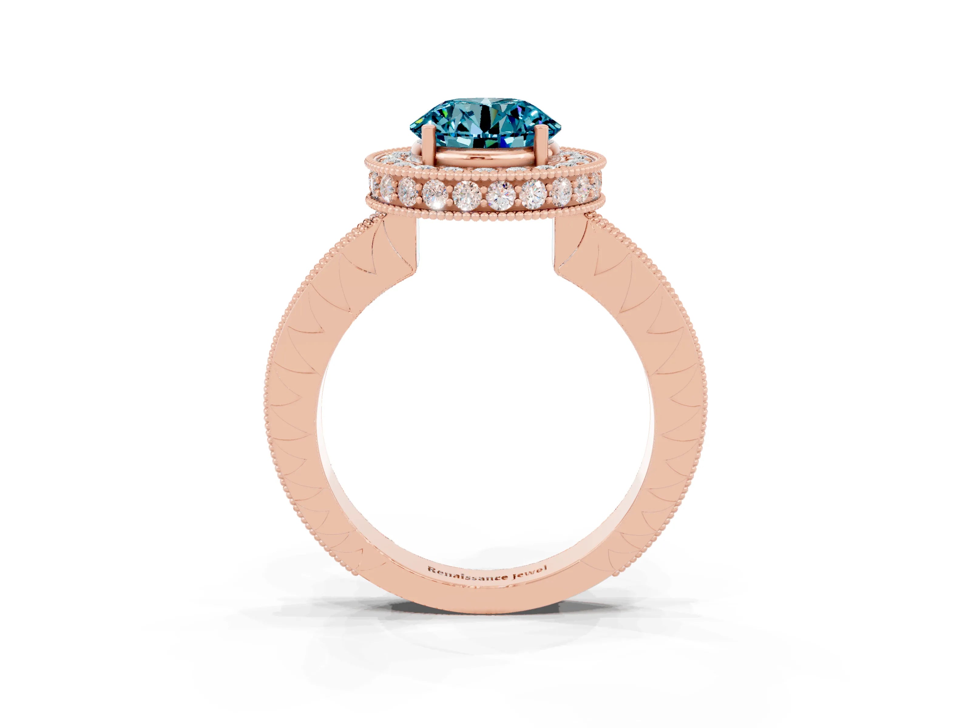 Rose gold Round Cut Halo Diamond Engagement Ring with Milgrain Pave Band and Four-Prong Setting_3