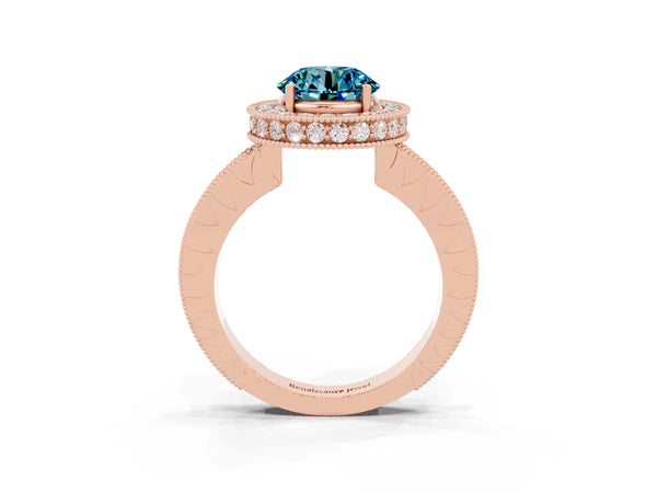 Rose gold Round Cut Halo Diamond Engagement Ring with Milgrain Pave Band and Four-Prong Setting